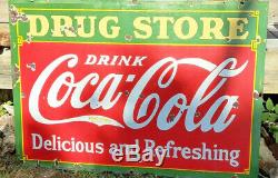 RARE Double Sided COCA COLA DRUG STORE Porcelain Sign 60 L X 42 T 1934 USA