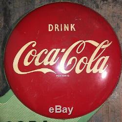 RARE Double Sided Metal COCA-COLA Button Soda Hanging Flange Sign Dated 1950