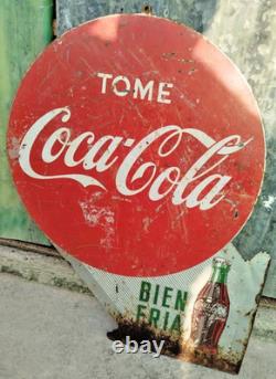 RARE EARLY COCA COLA DIE-CUT SIGN TOME BIEN FRIA COLD SPANISH 23x16 INCHES