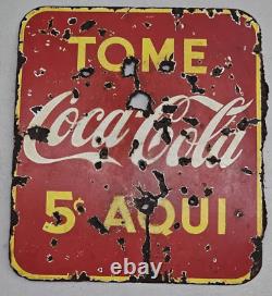 RARE EARLY COCA COLA PORCELAIN SIGN DOUBLE SIDE 5 CENTS SPANISH 19x17 INCHES
