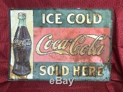 RARE Early Real Original Antique 1920 Ice Cold Coca Cola Sold Here SIGN
