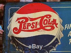 RARE Large Antique Embossed PEPSI-COLA Double Dot Bottle Cap Advertising Sign NR