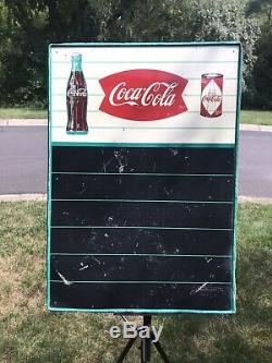 RARE VINTAGE COCA COLA FISHTAIL WithBOTTLE AND CAN TIN MENU BOARD SIGN