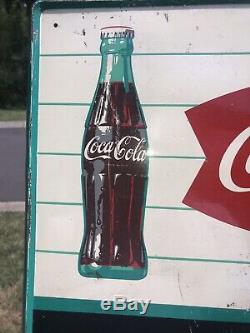 RARE VINTAGE COCA COLA FISHTAIL WithBOTTLE AND CAN TIN MENU BOARD SIGN