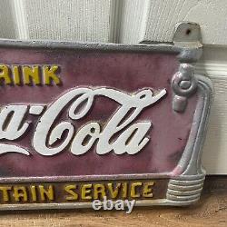 RARE Vintage 1930sDrink Coca Cola Fountain Service Cast Iron Bench Plaque Sign