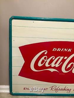 RARE Vintage Coca Cola Fishtail Sign With Coke Bottle-LARGE Size 55 x 32