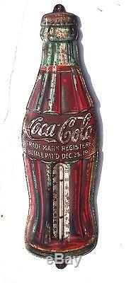 RARE Vtg 1930s CHRISTMAS Coca Cola SODA Bottle Advertising Sign / Thermometer