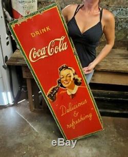 Rare 1941 Drink Coca Cola Masonite Advertising Sign Delicious & Refreshing Coke