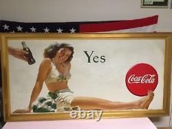 Rare 1946 Coca Cola Yes Girl Cardboard Advertising Sign 56 by 27 Framed Nice