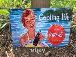 Rare 1957 Vintage Coca-cola Porcelain Enamel Gas Station Sign Coke 12 X 8