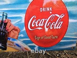 Rare 1957 Vintage Coca-cola Porcelain Enamel Gas Station Sign Coke 12 X 8
