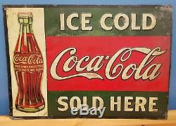 Rare Antique 1915 ORIGINAL Coca-Cola Sold Here Embossed Tin Coke Sign with Bottle