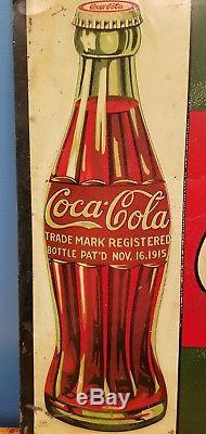 Rare Antique 1915 ORIGINAL Coca-Cola Sold Here Embossed Tin Coke Sign with Bottle