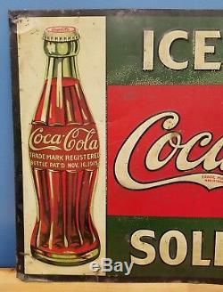 Rare Antique 1915 ORIGINAL Coca-Cola Sold Here Embossed Tin Coke Sign with Bottle