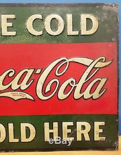 Rare Antique 1915 ORIGINAL Coca-Cola Sold Here Embossed Tin Coke Sign with Bottle