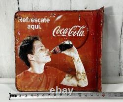 Rare Antique 1956 Spanish Coca Cola Refrescate Aqui Double Sided Flange Sign