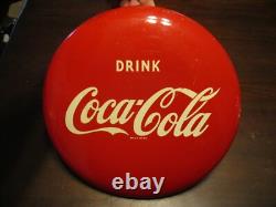 Rare Drink Coca-Cola button painted A-M 1949 soda pop sign 12 inch rare