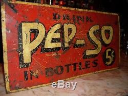 Rare Scarce 1900's early tin PEP-SO Soda Fountain Cola 5c bottles tacker sign