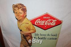 Rare Vintage 1938 Coca Cola 6 Bottle Carton Display Boy Wagon Soda Pop 32 Sign