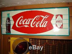 Rare Vintage Coca Cola Fishtail Sign With Bottle and Diamond Can 32x 12