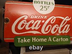 Rare Vintage Coca Cola Porcelain Sign Take Home A Carton Soda Pop Advertising
