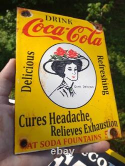 Rare Vintage Coca-cola Porcelain Beverage Soda Gas Station Metal Sign Coke Sign