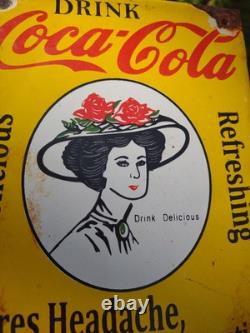 Rare Vintage Coca-cola Porcelain Beverage Soda Gas Station Metal Sign Coke Sign