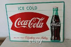 Rare Vintage Original Metal Coca Cola Sign Ice Cold Fishtail Soda 20x28 MC2033