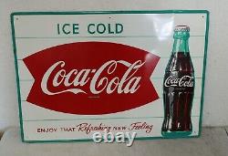 Rare Vintage Original Metal Coca Cola Sign Ice Cold Fishtail Soda 20x28 MC2033