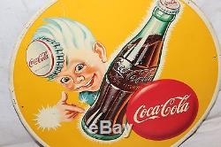 Rare Vintage c. 1950 Drink Coca Cola Sprite Boy Soda Pop Gas Station Metal Sign