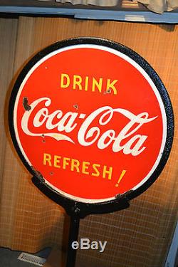 Rare Vtg 1938 Drink Coca Cola Soda Pop 2 Sided Porcelain Art Deco Lollipop Sign