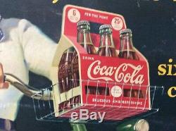 Rare Vtg 1940 Coca-Cola 43 x 21 Cardboard Sign Girl on Bicycle 6 Pack Bottles