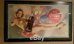 Rare original 1954 cardboard Coca Cola sign 20x36 Trapeze Girl framed gas oil