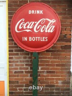 Rare vintage coca cola sign 3' Post Advertising Metal Coke 2 Side Double Both 57