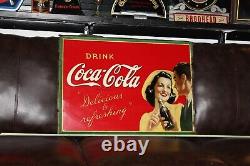 SCARCE 1930s DRINK COCA COLA METAL SIGN GIRL GUY BOTTLE SODA POP FOUNTAIN COKE