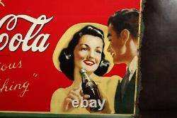 SCARCE 1930s DRINK COCA COLA METAL SIGN GIRL GUY BOTTLE SODA POP FOUNTAIN COKE