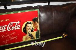 SCARCE 1930s DRINK COCA COLA METAL SIGN GIRL GUY BOTTLE SODA POP FOUNTAIN COKE