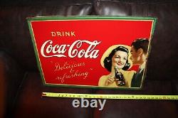 SCARCE 1930s DRINK COCA COLA METAL SIGN GIRL GUY BOTTLE SODA POP FOUNTAIN COKE