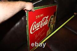 SCARCE 1930s DRINK COCA COLA METAL SIGN GIRL GUY BOTTLE SODA POP FOUNTAIN COKE