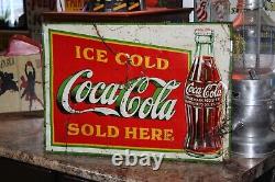 SCARCE 1933 SOLD ICE COLD COCA COLA EMBOSSED METAL SIGN FOUNTAIN COKE SODA gas