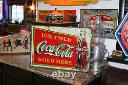 SCARCE 1933 SOLD ICE COLD COCA COLA EMBOSSED METAL SIGN FOUNTAIN COKE SODA gas