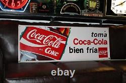 SCARCE 1960s COCA COLA EMBOSSED METAL SIGN TOMA BIEN FRIA COKE POP SODA BOTTLE