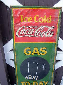 Scarce Original Coca Cola Embossed Metal Sign GAS TO-DAY Price 1934 Coke Adv