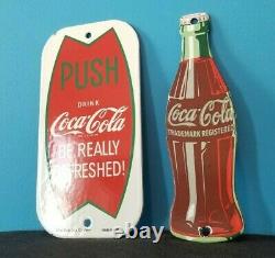 Two Vintage Coca Cola Porcelain Gas Beverage General Store Push Pull Door Signs