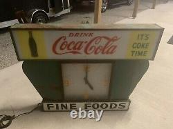 ULTRA RARE VINTAGE Large Coca-Cola Fine Foods Lighted Diner Clock Sign