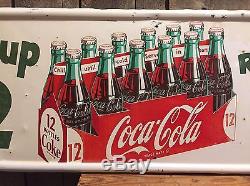 Ultra RARE Vintage 1954 COCA COLA Coke Bottle Carrier Pick Up 12 Metal Sign L@@K