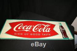 VINTAGE 1950's COCA-COLA FISHTAIL METAL TIN SIGN 32.75 X 11.75 VERY NICE COND
