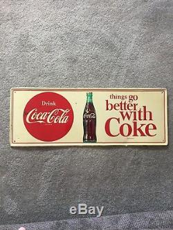 VINTAGE 1960's COCA COLA THINGS GO BETTER WITH COKE BUTTON SODA METAL SIGN