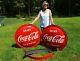 VINTAGE 3 pc. 3FT COCA COLA SODA FLAT EDGE BUTTON SIGNS with MOUNT BRACKETS SCARCE