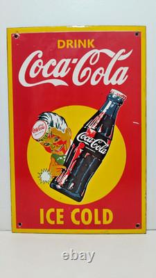 VINTAGE DRINK COCA COLA ICE COLD PORCELAIN ENAMEL METAL SIGN SIZE 12 x 8